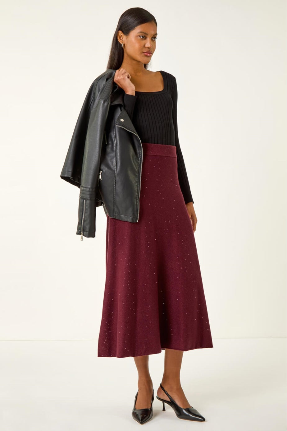 Roman Bordeaux Shimmer Knit Midi Skirt