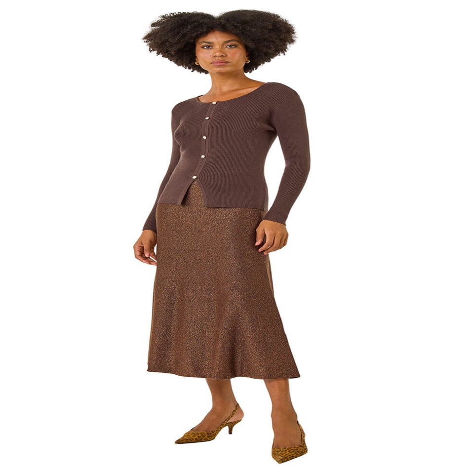 Roman Dark Brown Shimmer Knit Midi Skirt