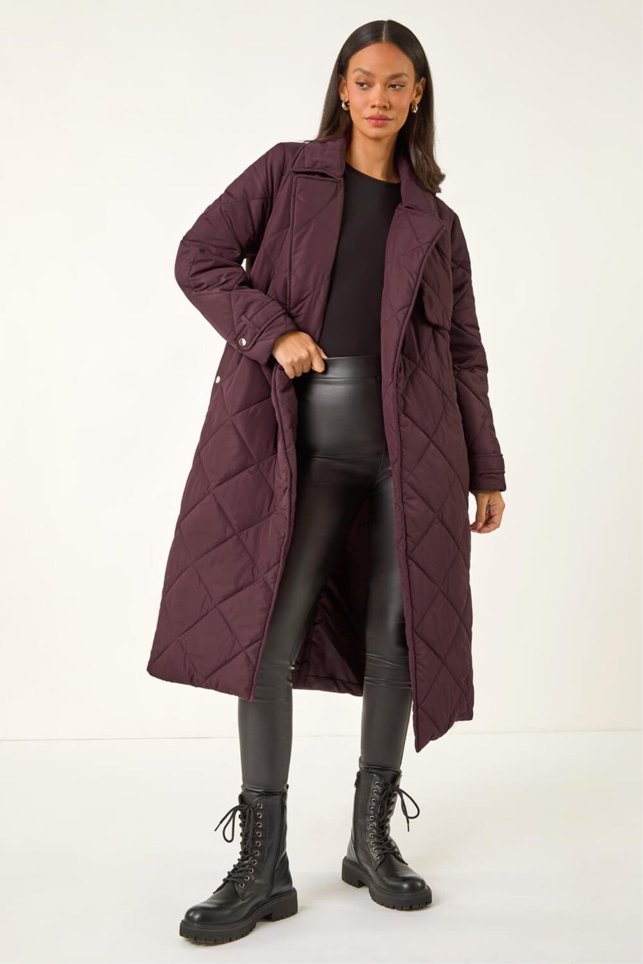 Dusk Wine Chevron Wrap Quilted Puffer Coat