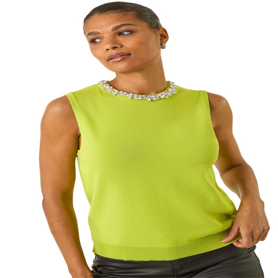 Roman Lime Embellished Neck Knit Vest