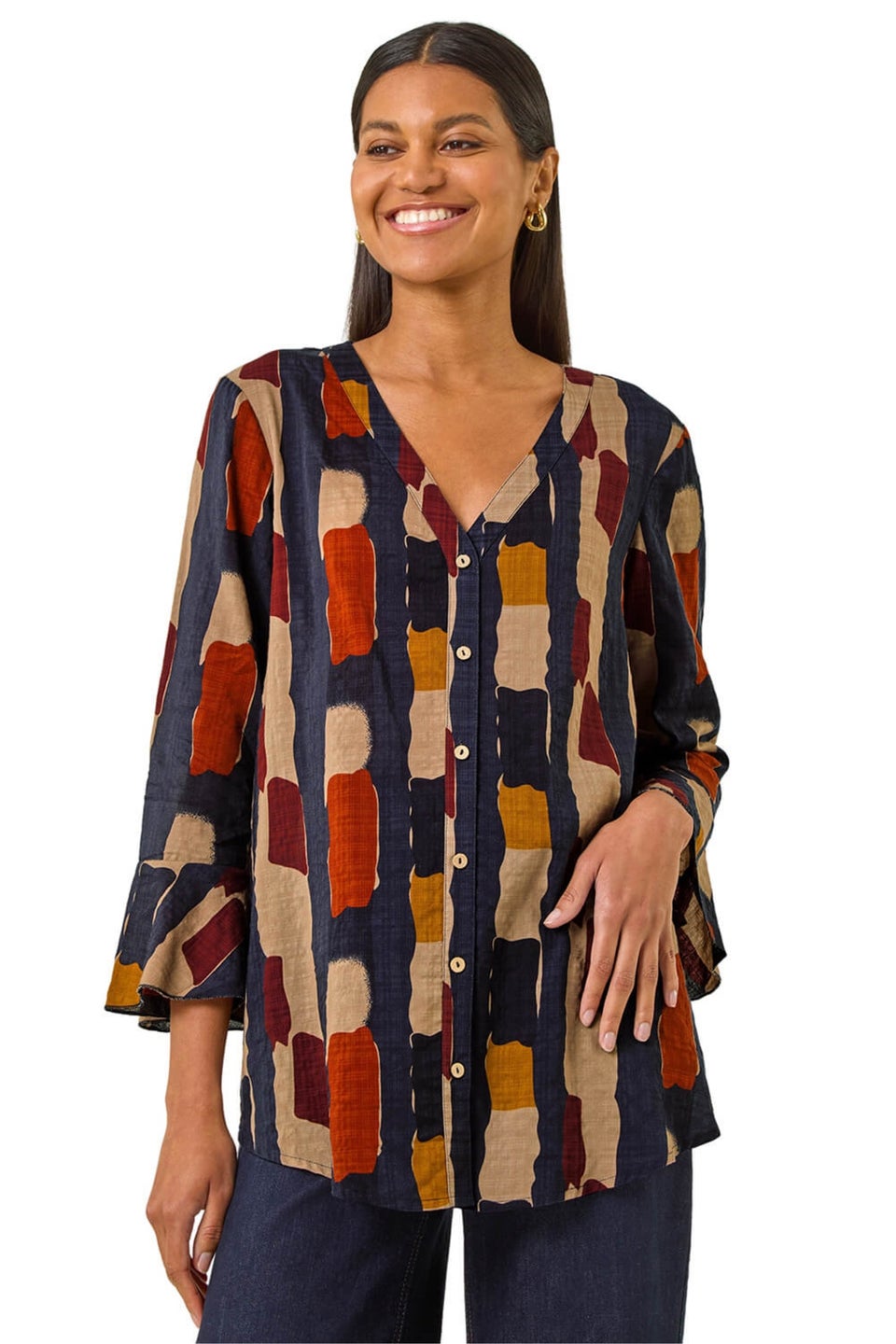 Roman Navy Abstract Print Buttoned Blouse