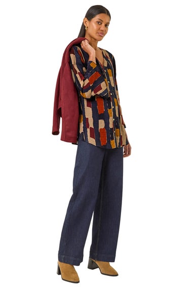 Roman Navy Abstract Print Buttoned Blouse