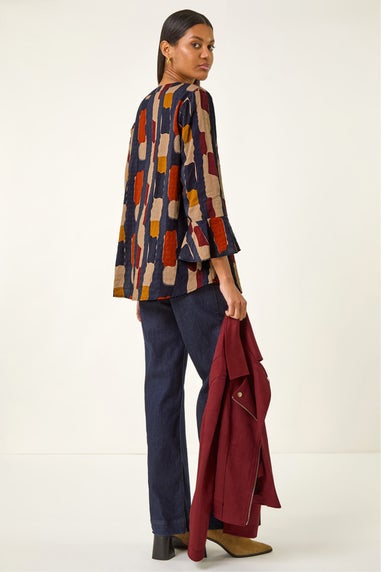 Roman Navy Abstract Print Buttoned Blouse