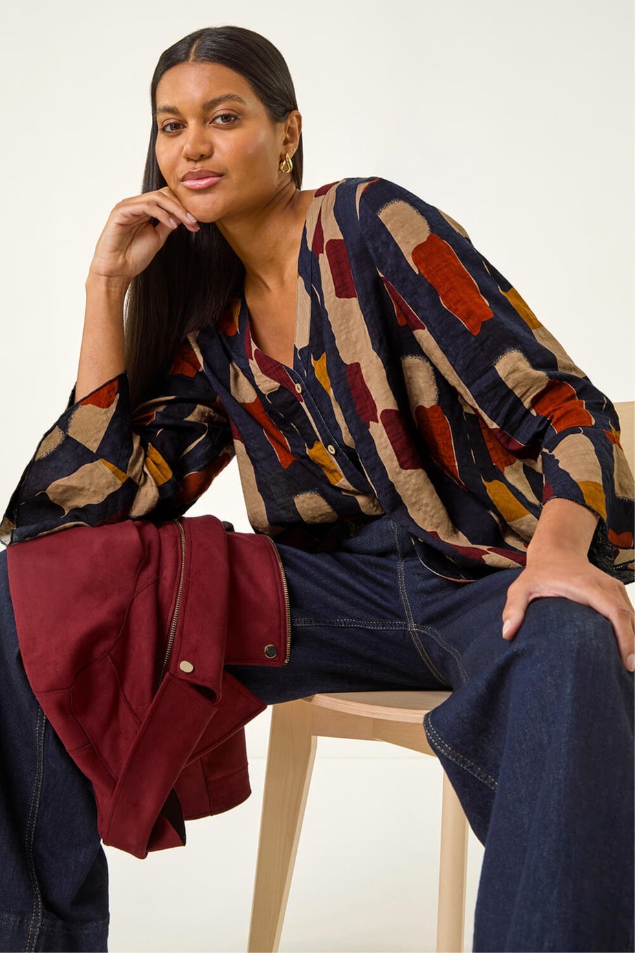 Roman Navy Abstract Print Buttoned Blouse