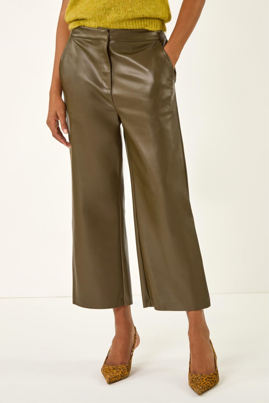 Roman Olive Faux Leather Wide Leg Crop Trousers