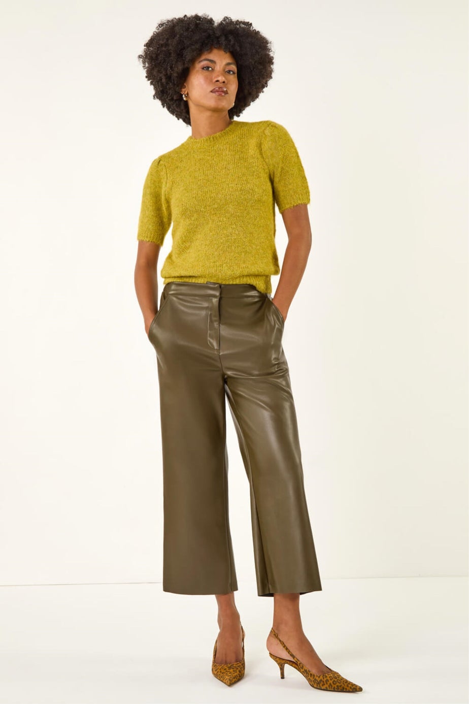 Roman Olive Faux Leather Wide Leg Crop Trousers