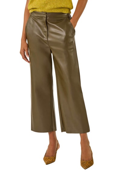 Roman Olive Faux Leather Wide Leg Crop Trousers