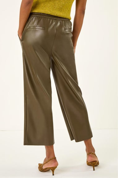 Roman Olive Faux Leather Wide Leg Crop Trousers