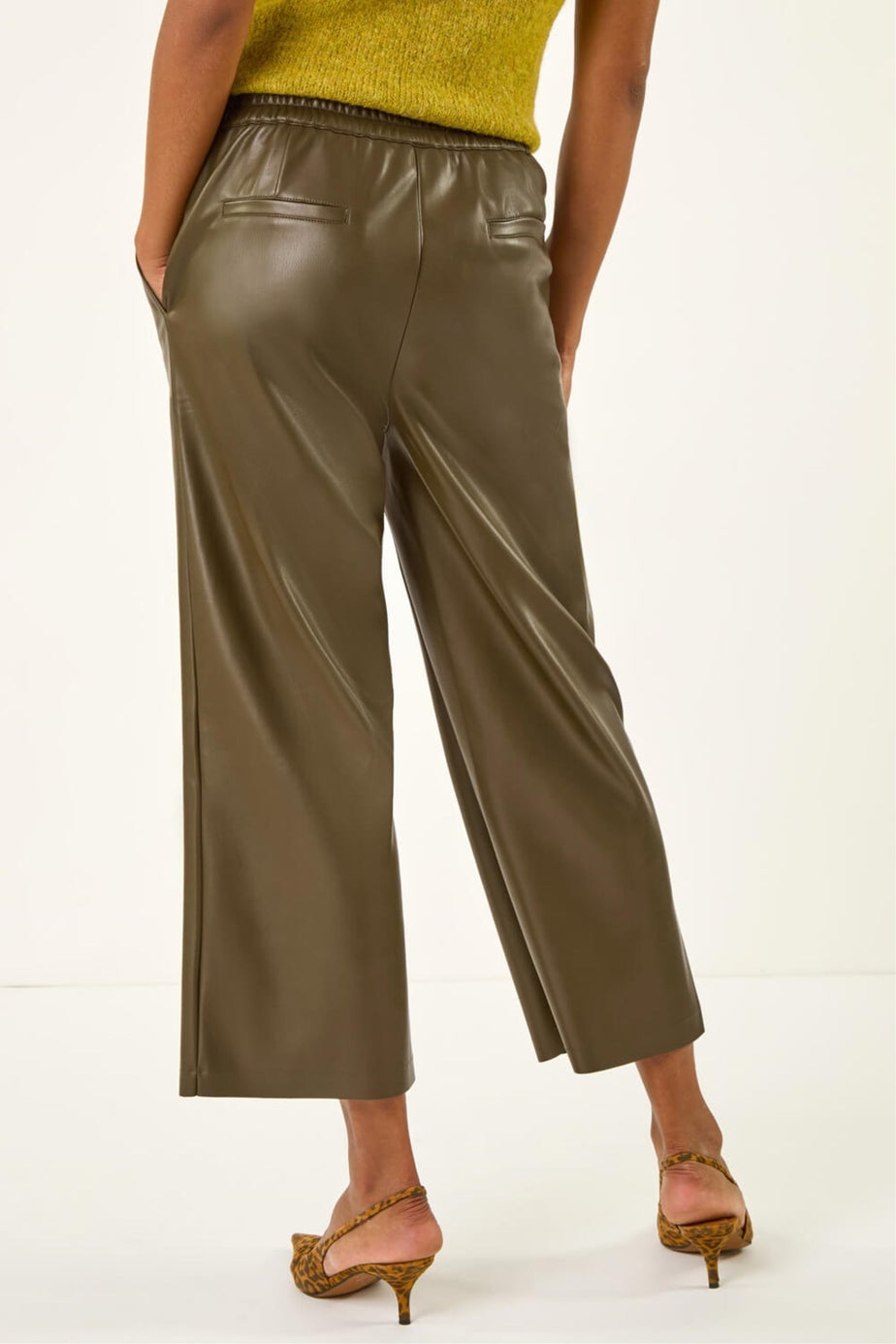 Roman Olive Faux Leather Wide Leg Crop Trousers