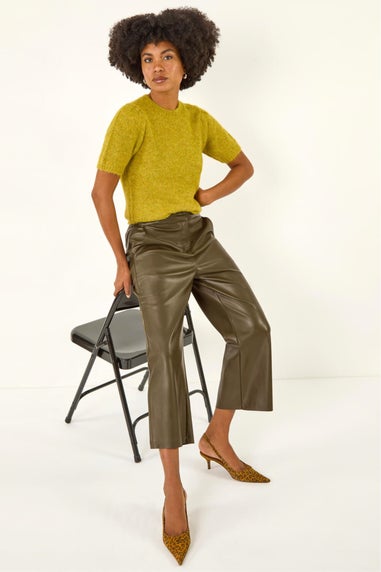 Roman Olive Faux Leather Wide Leg Crop Trousers