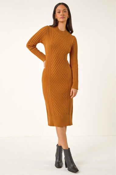 Dusk Dark Orange Cable Knit Midi Jumper Dress
