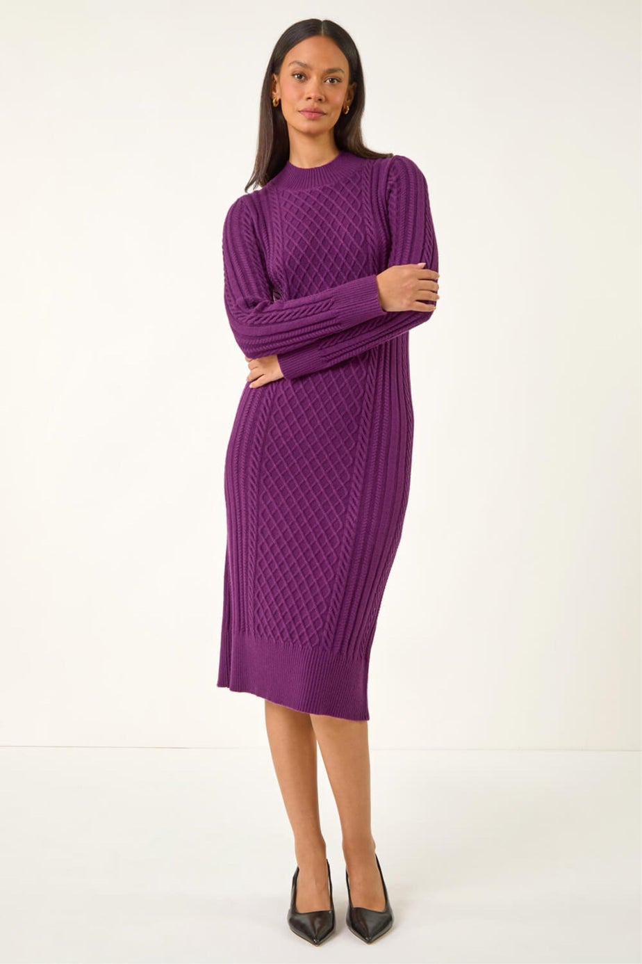 Dusk Purple Cable Knit Midi Jumper Dress