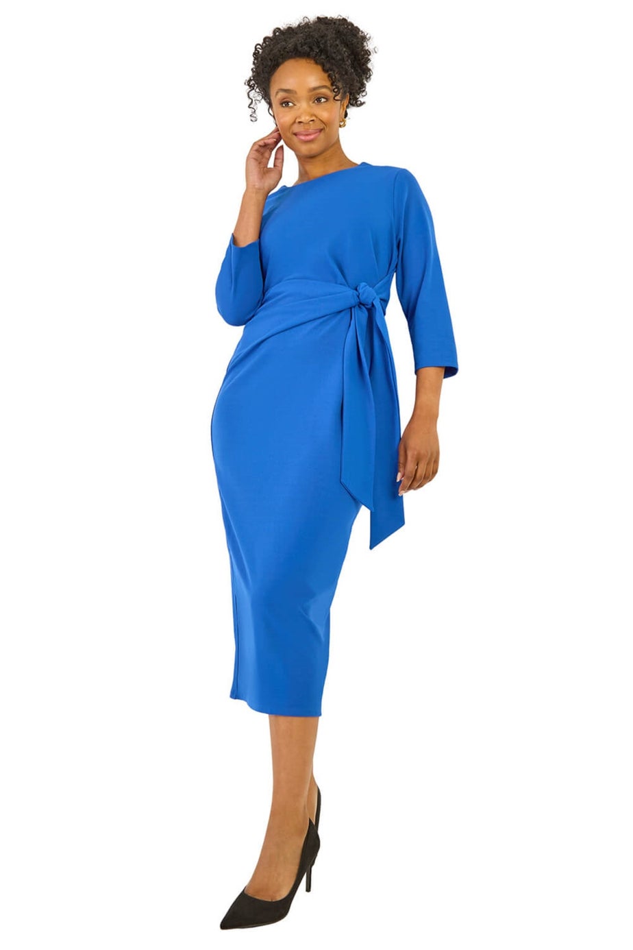 Roman Royal Blue Petite Tie Waist Stretch Midi Dress