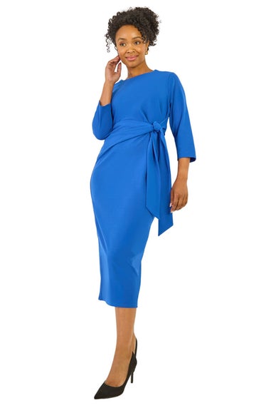 Roman Royal Blue Petite Tie Waist Stretch Midi Dress