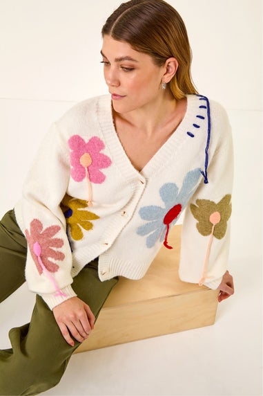 Roman Ivory Floral Stitch Knit Cardigan