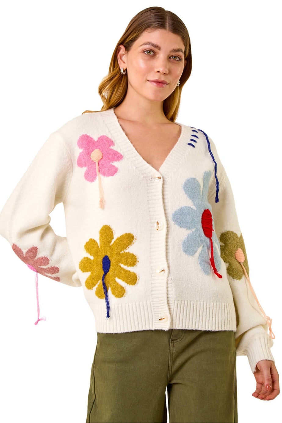 Roman Ivory Floral Stitch Knit Cardigan