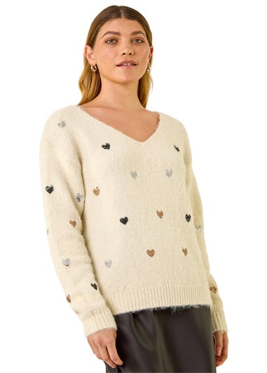 Roman Ivory Sequin Heart Fluffy Knit Jumper