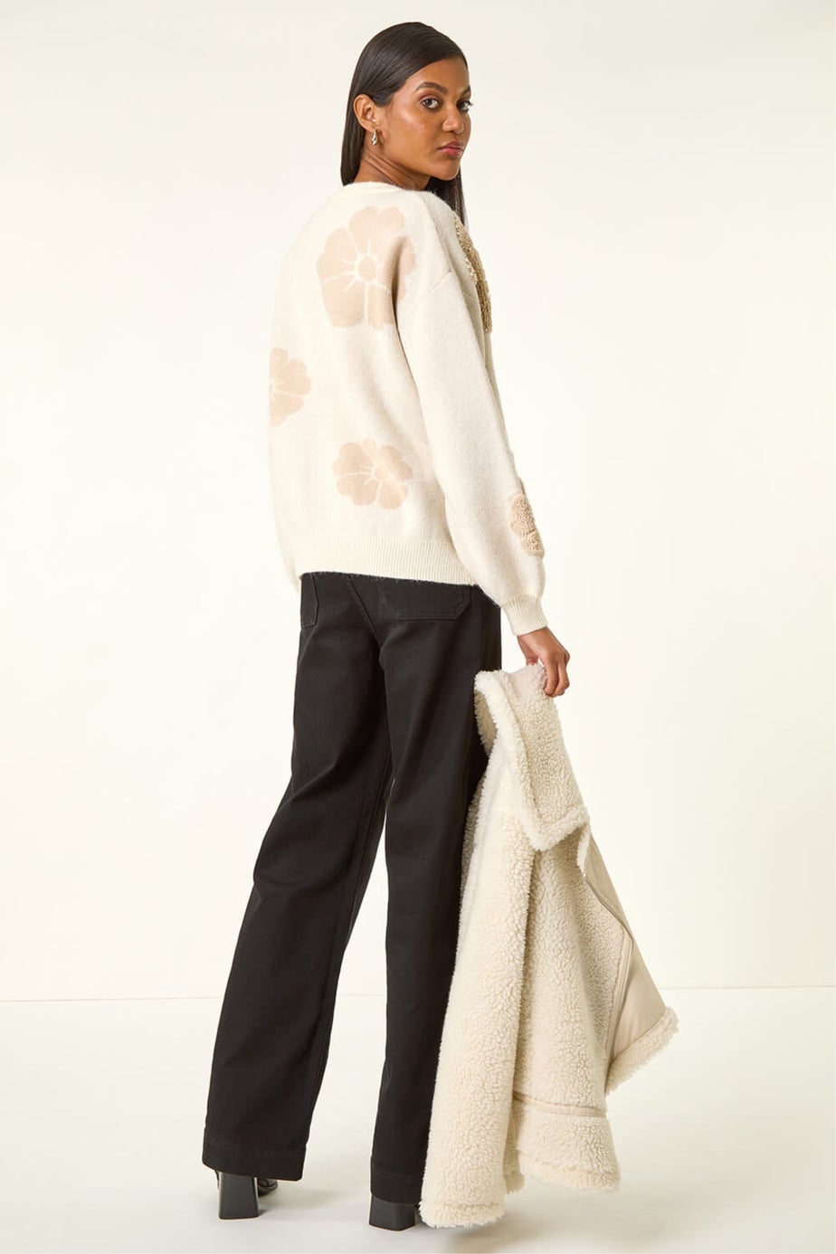 Roman Ivory Floral Faux Pearl Knit Jumper