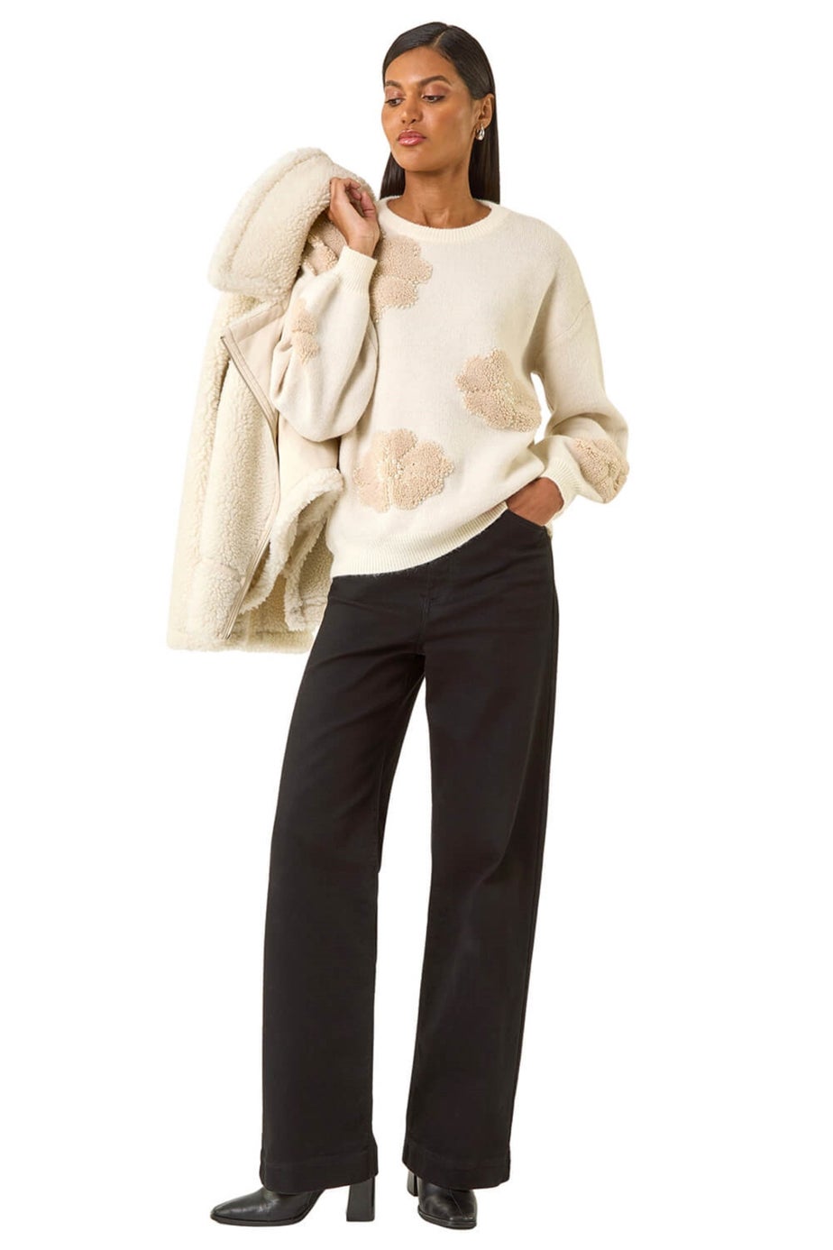 Roman Ivory Floral Faux Pearl Knit Jumper