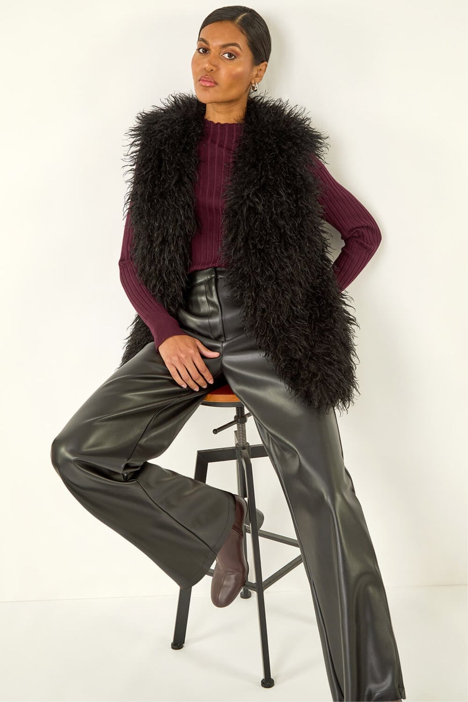 Roman Black Longline Faux Fur Gilet