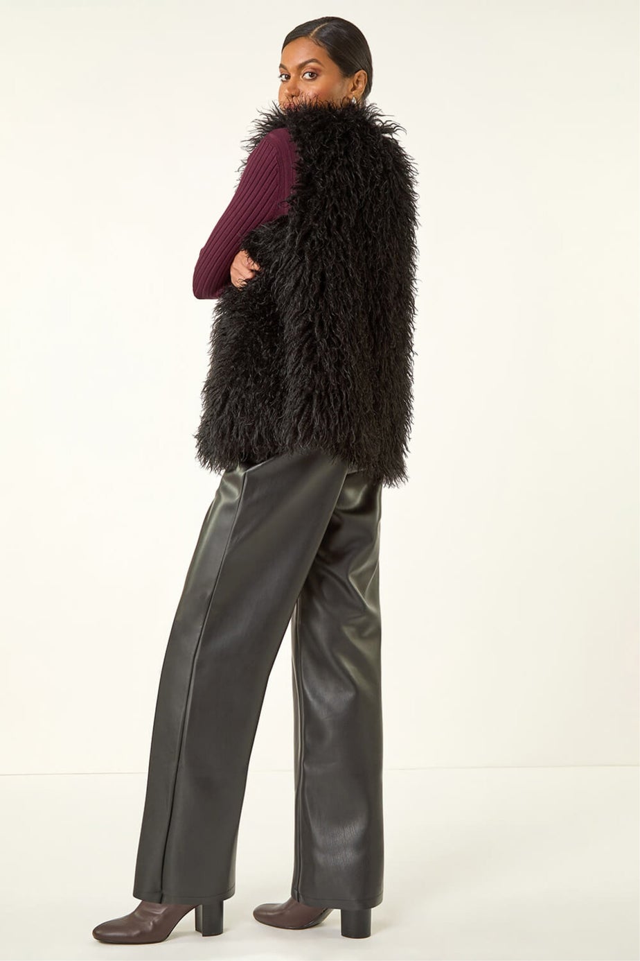 Roman Black Longline Faux Fur Gilet