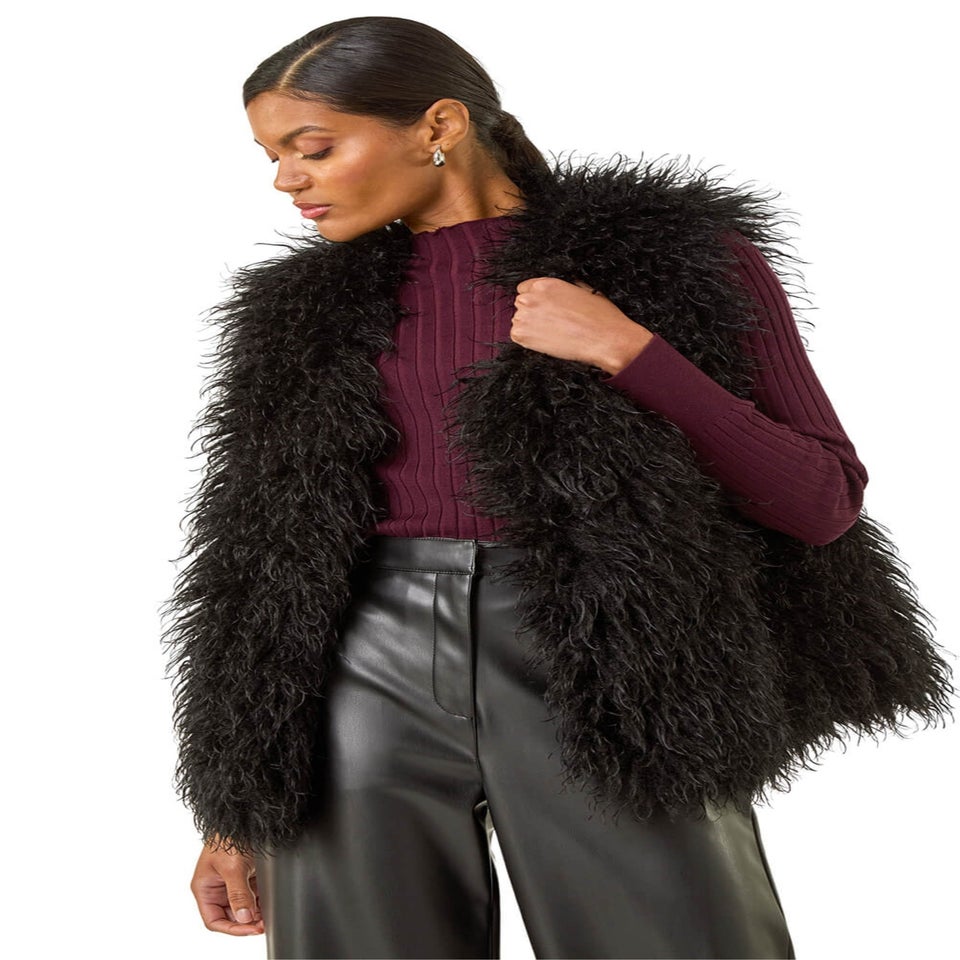 Roman Black Longline Faux Fur Gilet