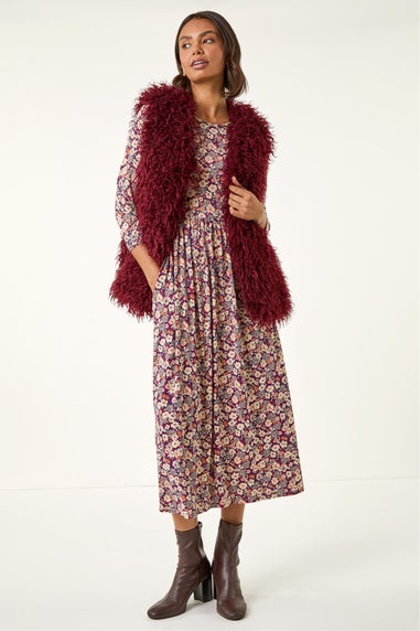 Roman Burgundy Longline Faux Fur Gilet