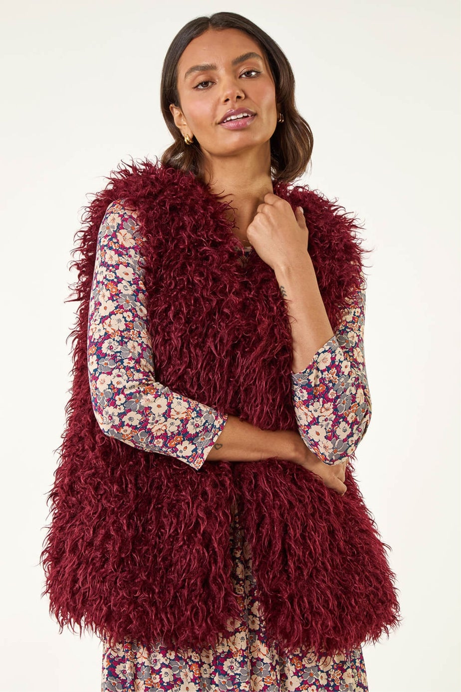 Roman Burgundy Longline Faux Fur Gilet