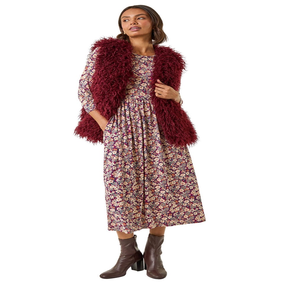 Roman Burgundy Longline Faux Fur Gilet