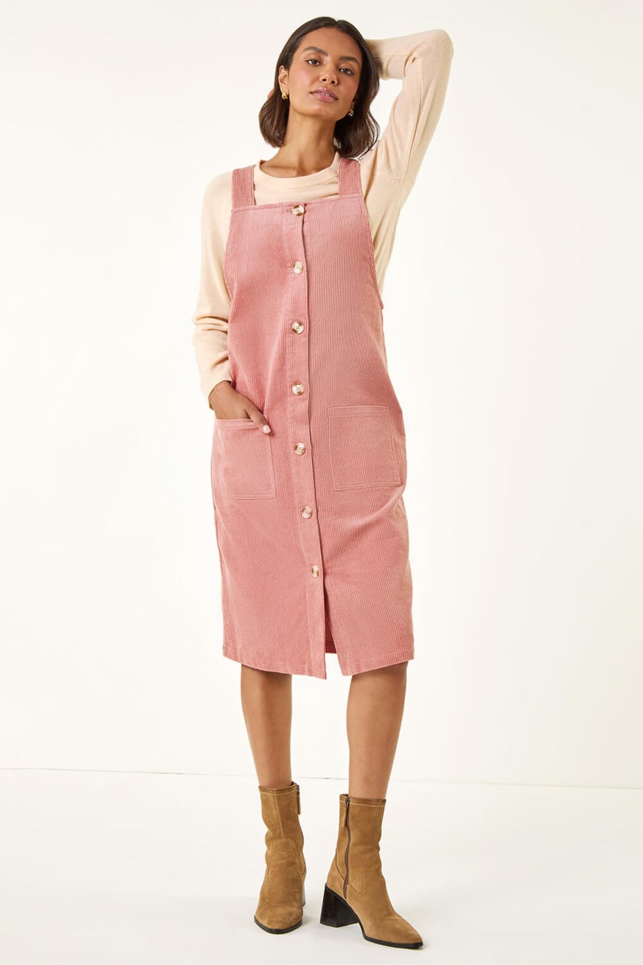 Roman Rose Corduroy Pinafore Midi Dress