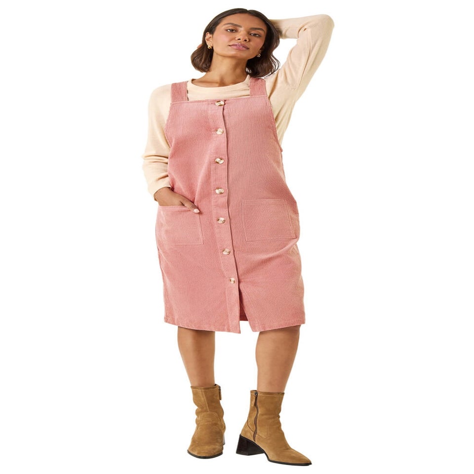 Roman Rose Corduroy Pinafore Midi Dress