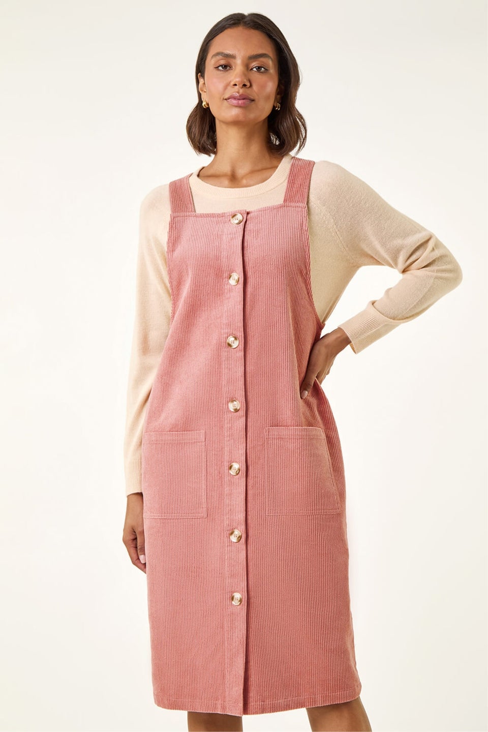 Roman Rose Corduroy Pinafore Midi Dress