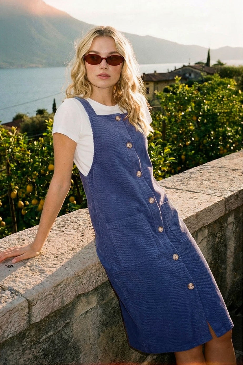 Roman Indigo Corduroy Pinafore Midi Dress