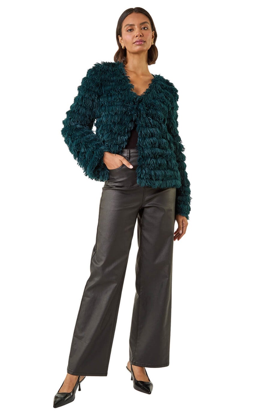 Roman Teal Faux Fur Fluffy Layered Jacket
