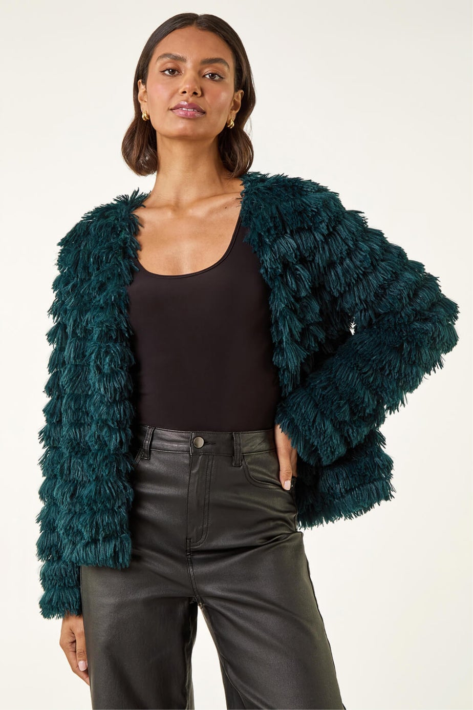 Roman Teal Faux Fur Fluffy Layered Jacket