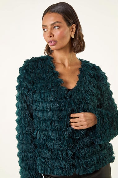 Roman Teal Faux Fur Fluffy Layered Jacket