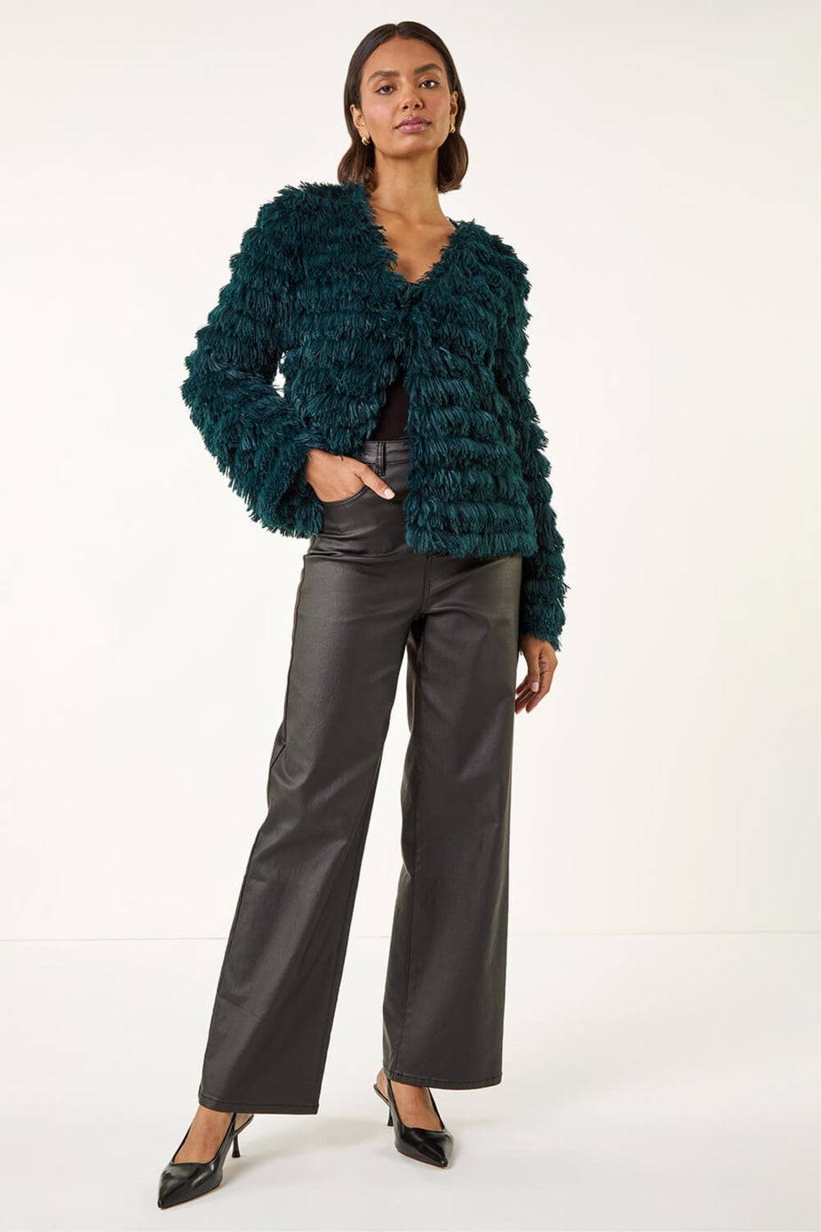Roman Teal Faux Fur Fluffy Layered Jacket