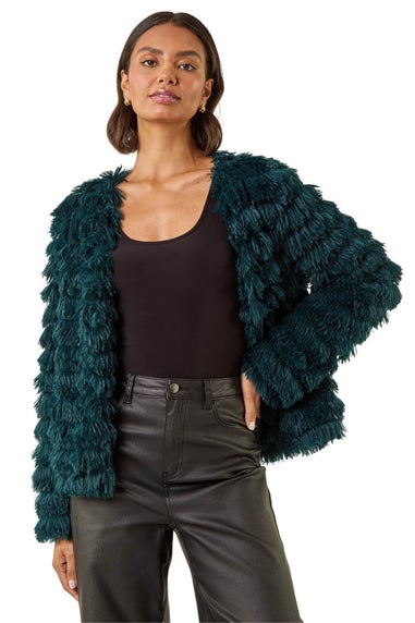 Roman Teal Faux Fur Fluffy Layered Jacket