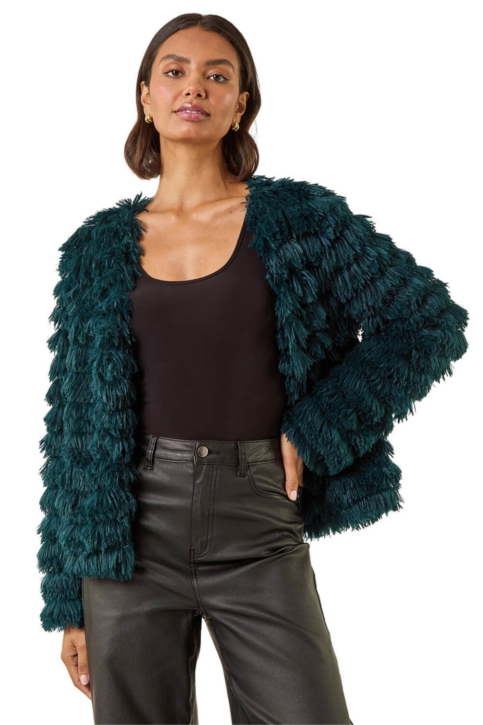 Roman Teal Faux Fur Fluffy Layered Jacket