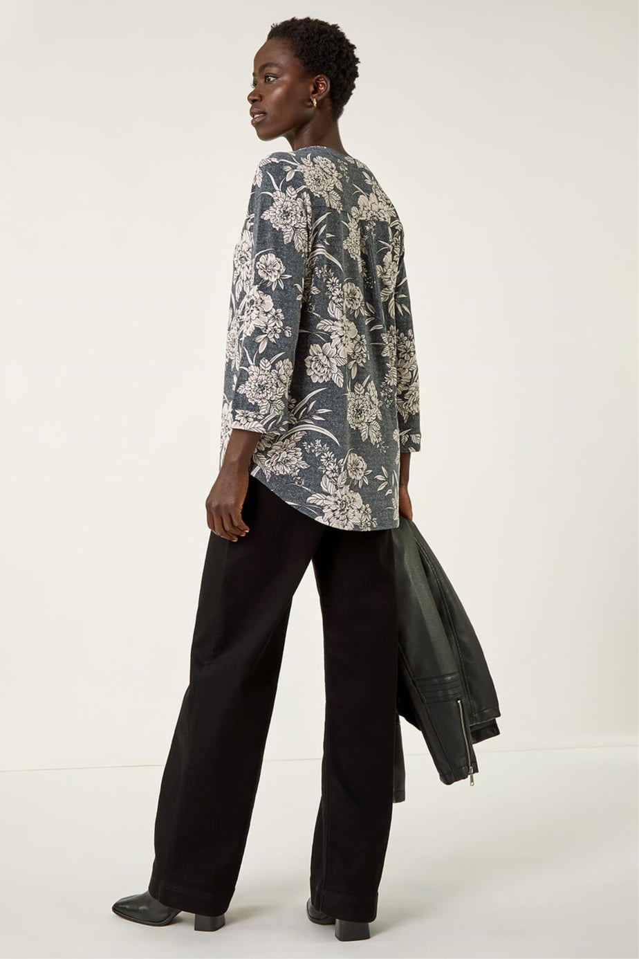 Roman Grey Floral Puff Print Stretch Shirt