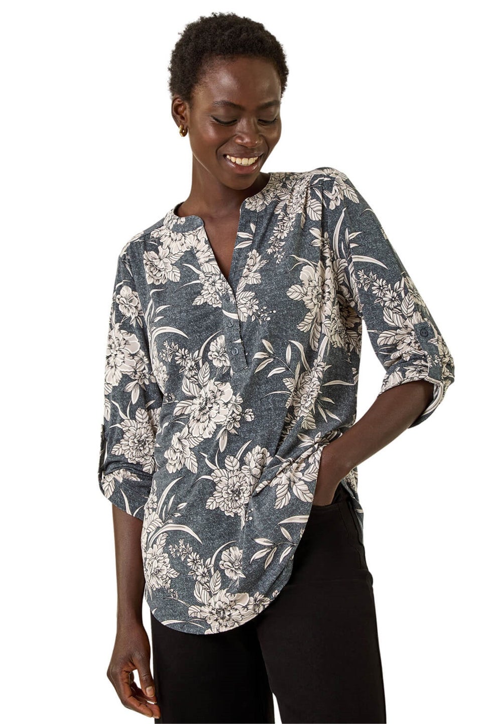 Roman Grey Floral Puff Print Stretch Shirt