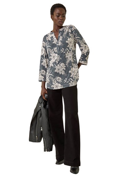 Roman Grey Floral Puff Print Stretch Shirt