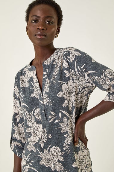 Roman Grey Floral Puff Print Stretch Shirt