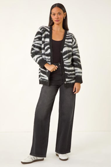 Dusk Black Zebra Print Fluffy Knit Cardigan