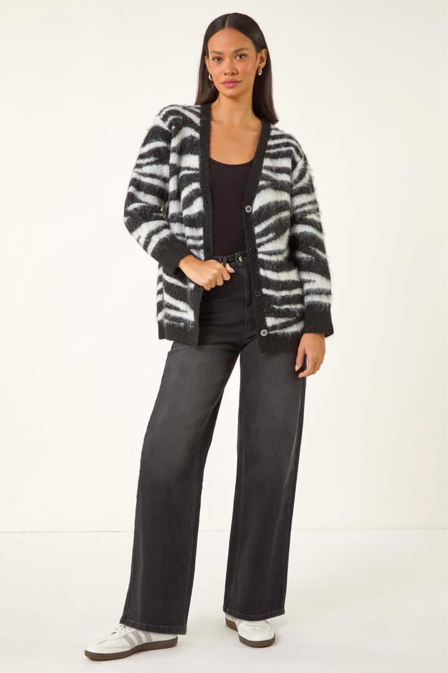 Dusk Black Zebra Print Fluffy Knit Cardigan