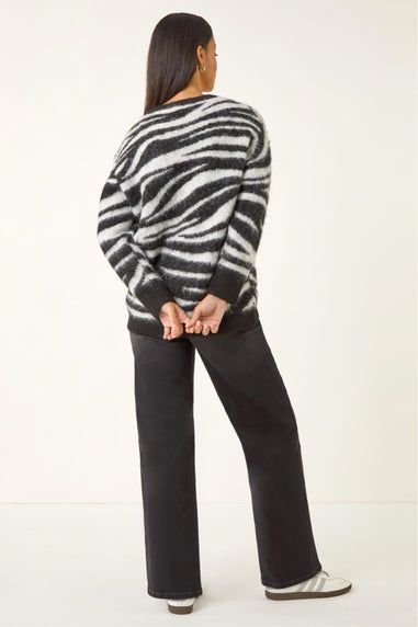 Dusk Black Zebra Print Fluffy Knit Cardigan