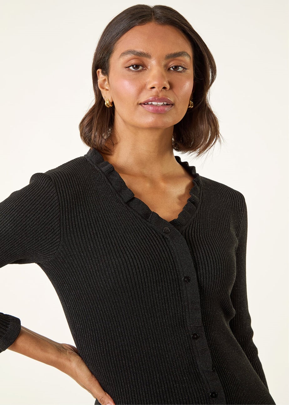 Roman Black V-Neck Ruffle Knit