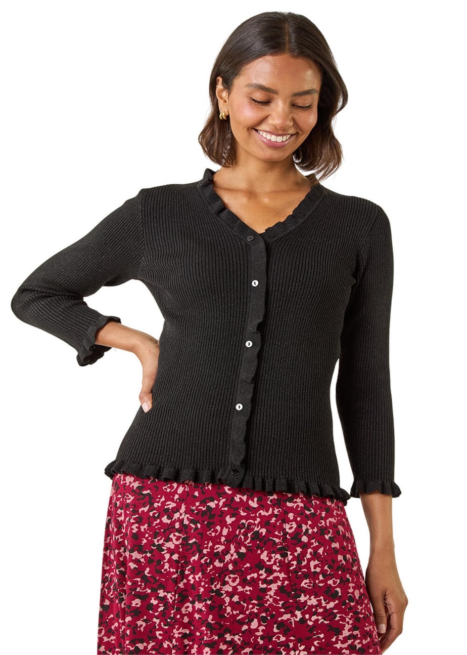 Roman Black V-Neck Ruffle Knit