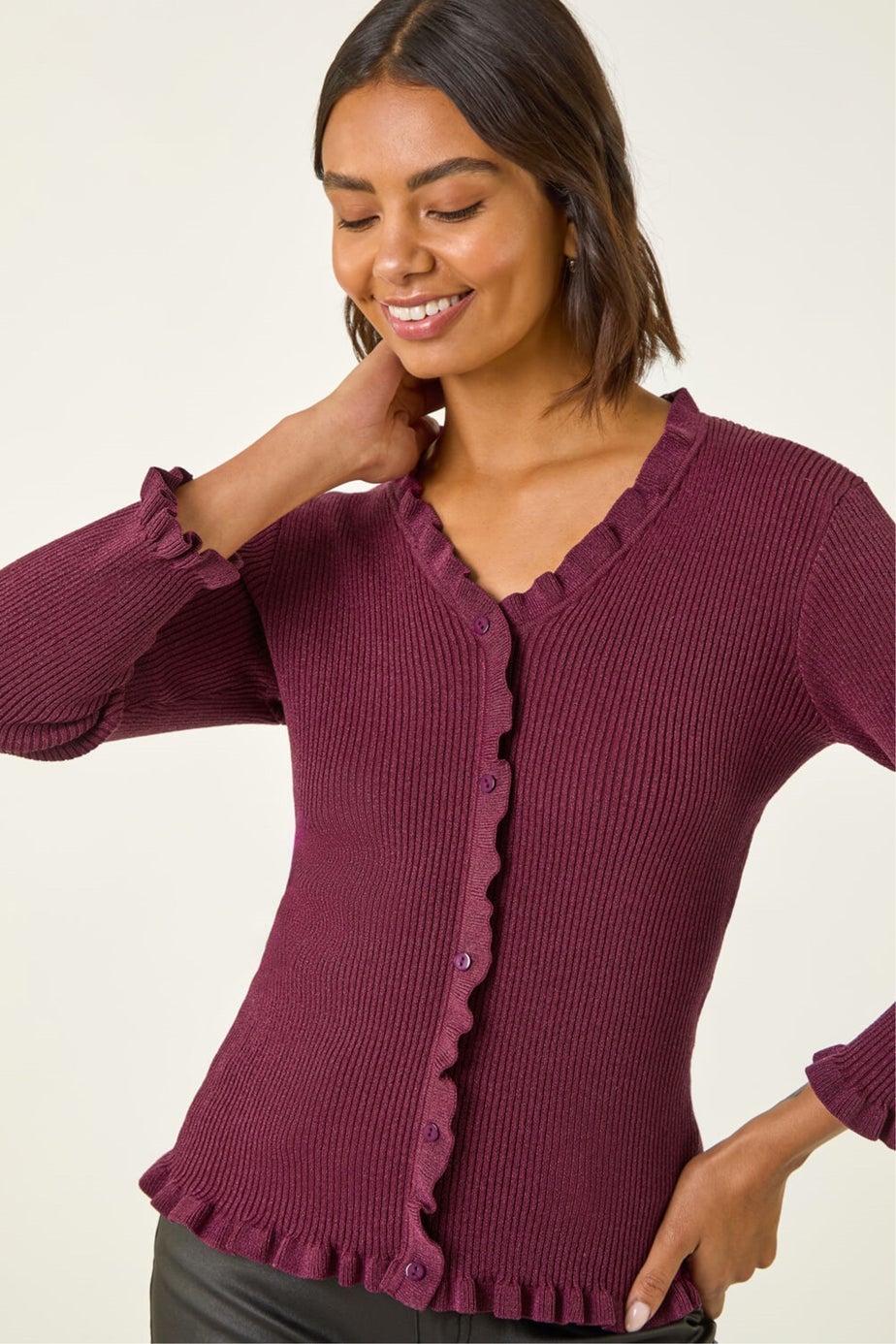 Roman Burgundy V-Neck Ruffle Knit