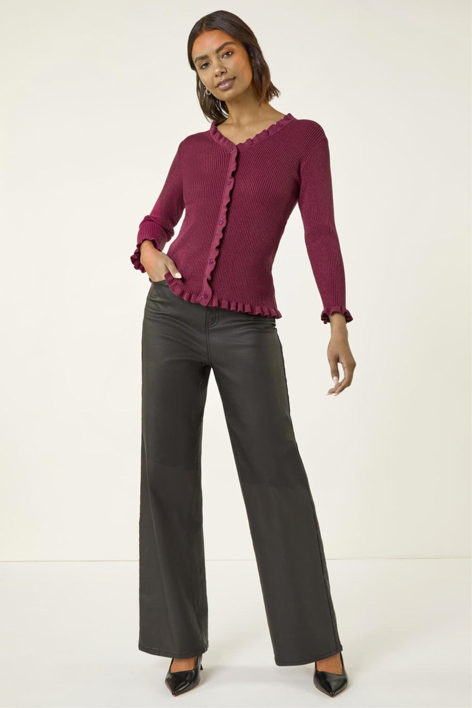 Roman Burgundy V-Neck Ruffle Knit